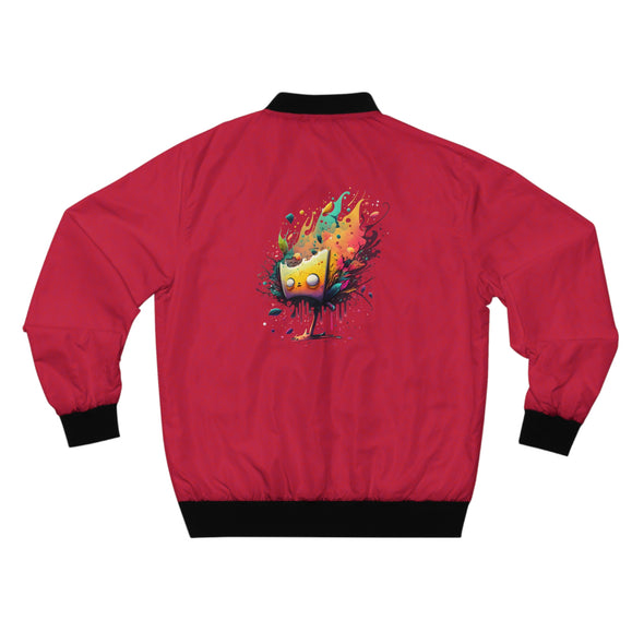 Men's Bomber Jacket (AOP) Red with Cannabis Pattern and Back Design "mindblown"