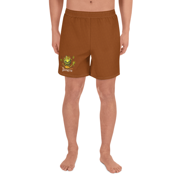 Light Brown Unisex Athletic Long Shorts with leaf pattern and cute little Plantmonster Alpha